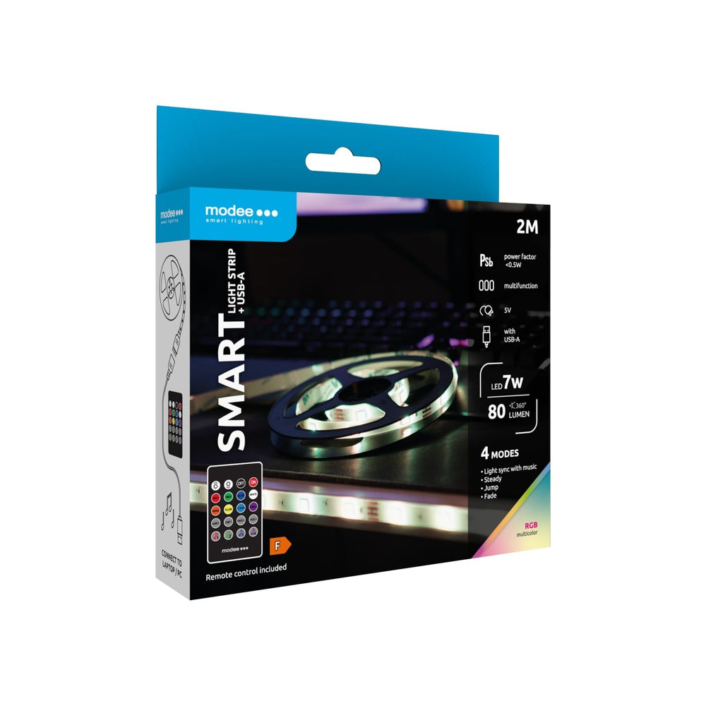 Modee LED Smart Strip 7W IP20 RGB 2M med USB og fjernbetjening til farverig stemningsbelysning