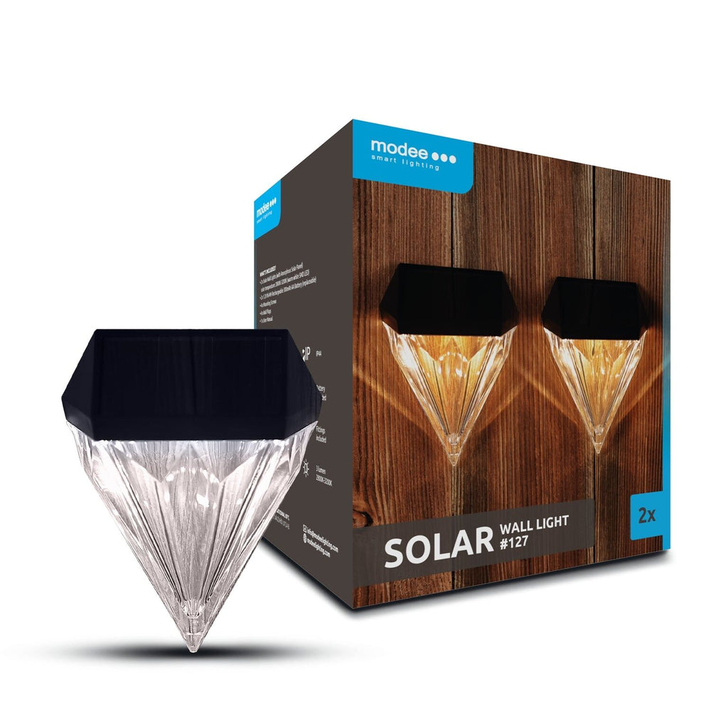 Modee LED sol væglampe WS127, 2800-3200K varm hvid, IP44 udendørs, 2-pak med genopladeligt batteri
