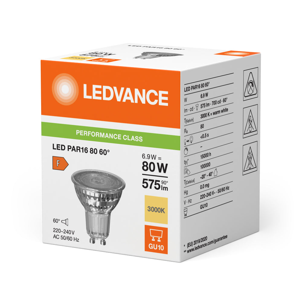Performance LED Spot Reflektor GU10 PAR16 6.9W 575 lumen 60D 3000K Varm Hvid erstatter 80W
