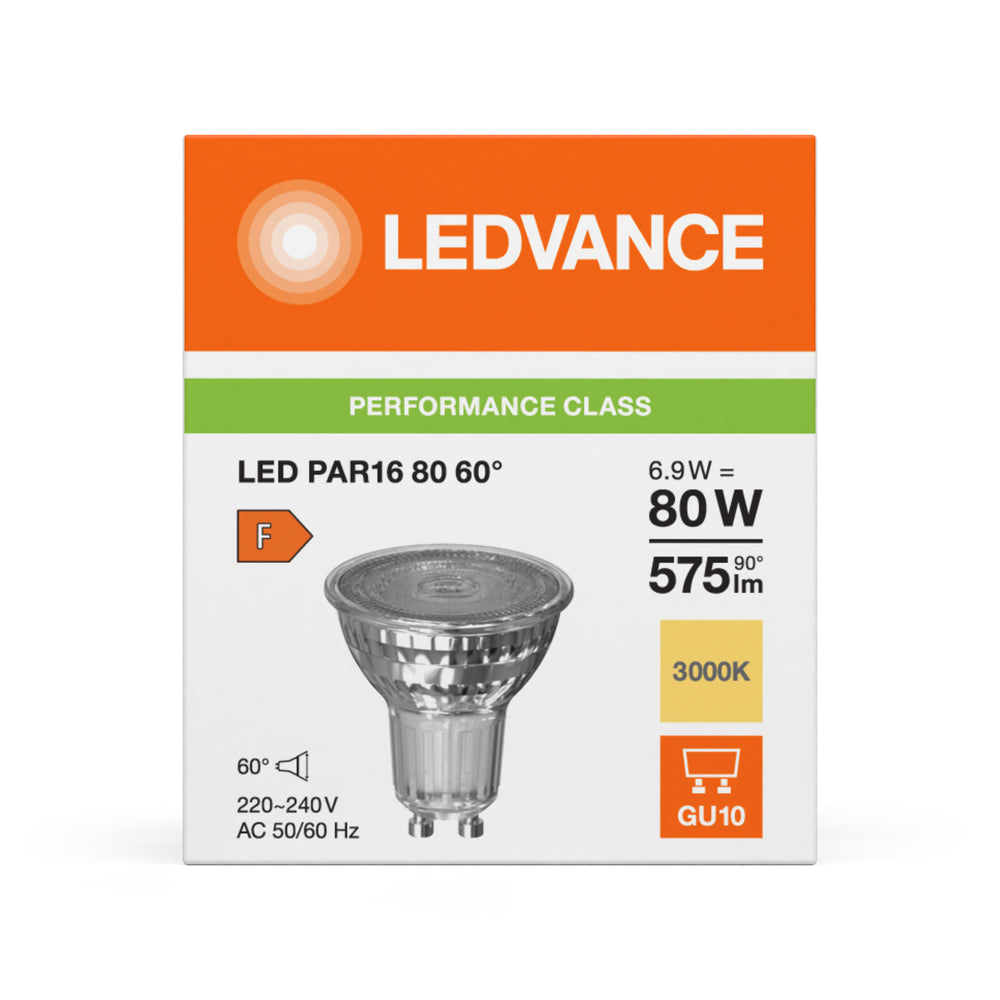 Performance LED Spot Reflektor GU10 PAR16 6.9W 575 lumen 60D 3000K Varm Hvid erstatter 80W