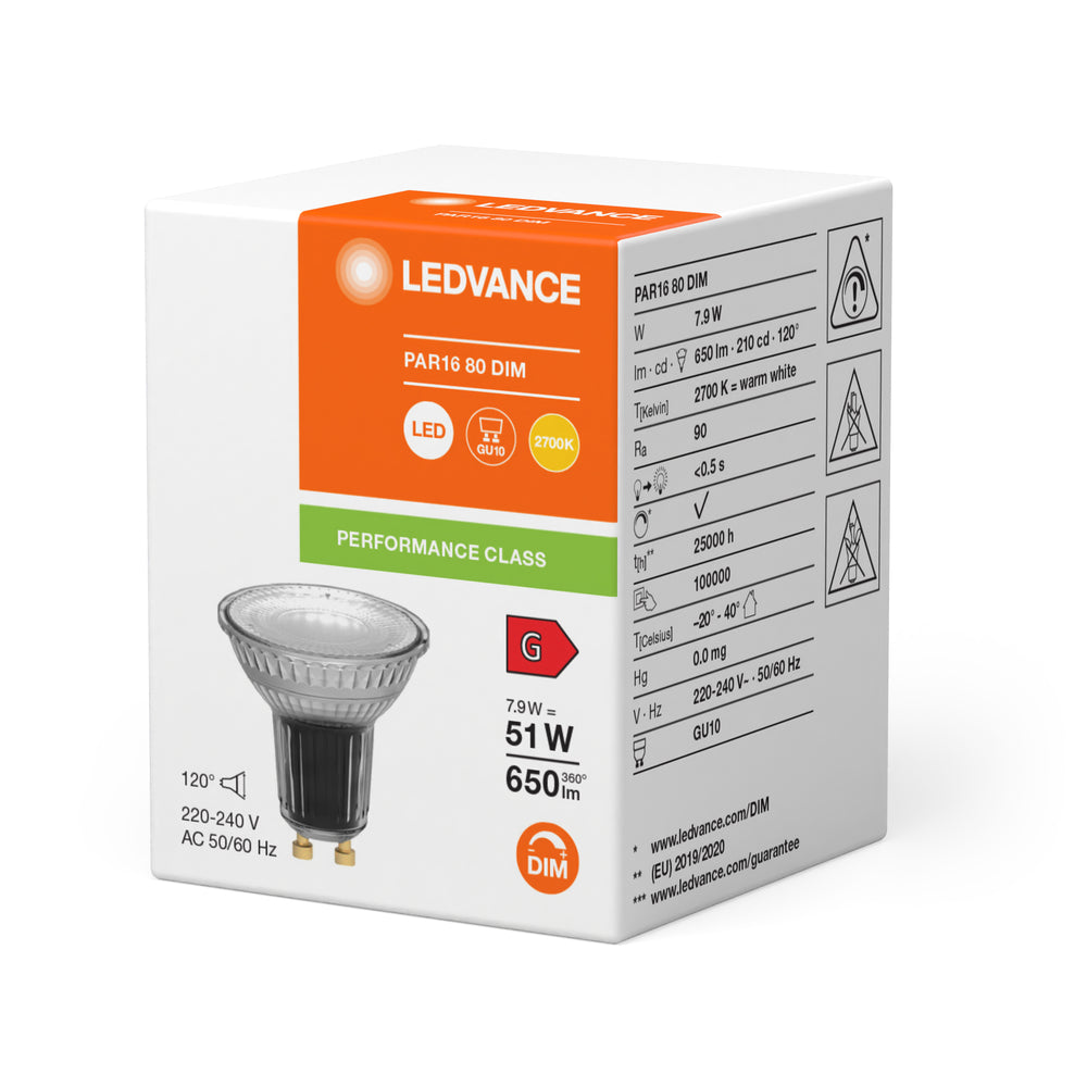Performance LED Spot Reflektor GU10 PAR16 7.9W 2700K 650 lumen 120D dæmpbar høj CRI erstatter 51W