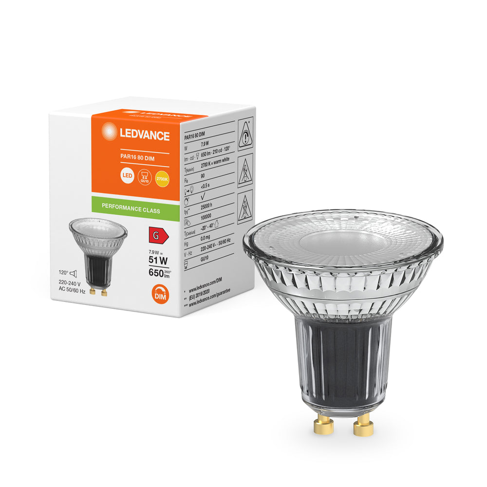 Performance LED Spot Reflektor GU10 PAR16 7.9W 2700K 650 lumen 120D dæmpbar høj CRI erstatter 51W