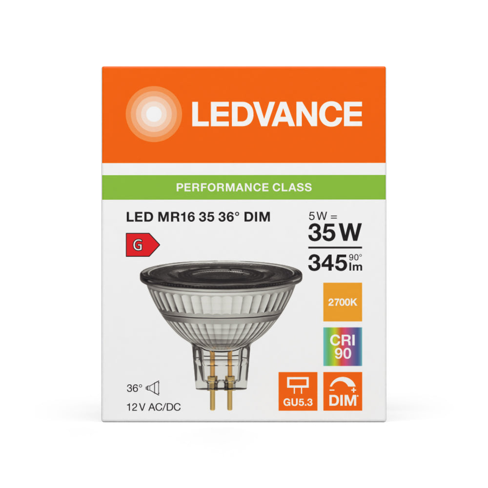 Performance LED Spot Reflector GU5.3 MR16 5W 345 lumens 2700K dimmable 36D replaces 35W