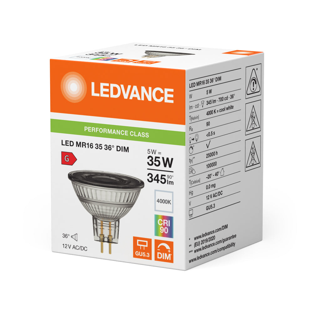 Performance LED Spot Reflector GU5.3 MR16 5W 345 lumens 36D 4000K Cool White dimmable replaces 35W