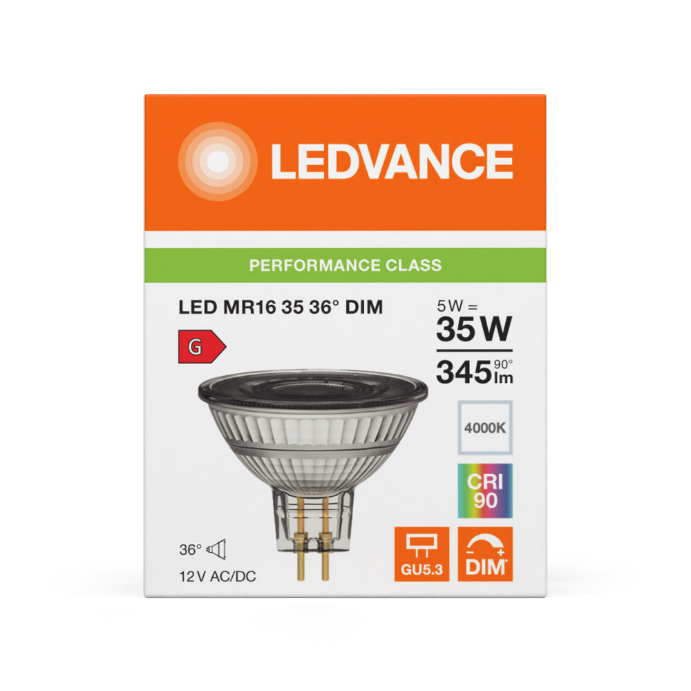 Performance LED Spot Reflektor GU5.3 MR16 5W 345 lumen 36D 4000K Kold Hvid dæmpbar erstatter 35W