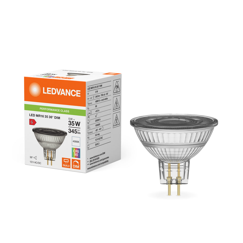 Performance LED Spot Reflektor GU5.3 MR16 5W 345 lumen 36D 4000K Kold Hvid dæmpbar erstatter 35W