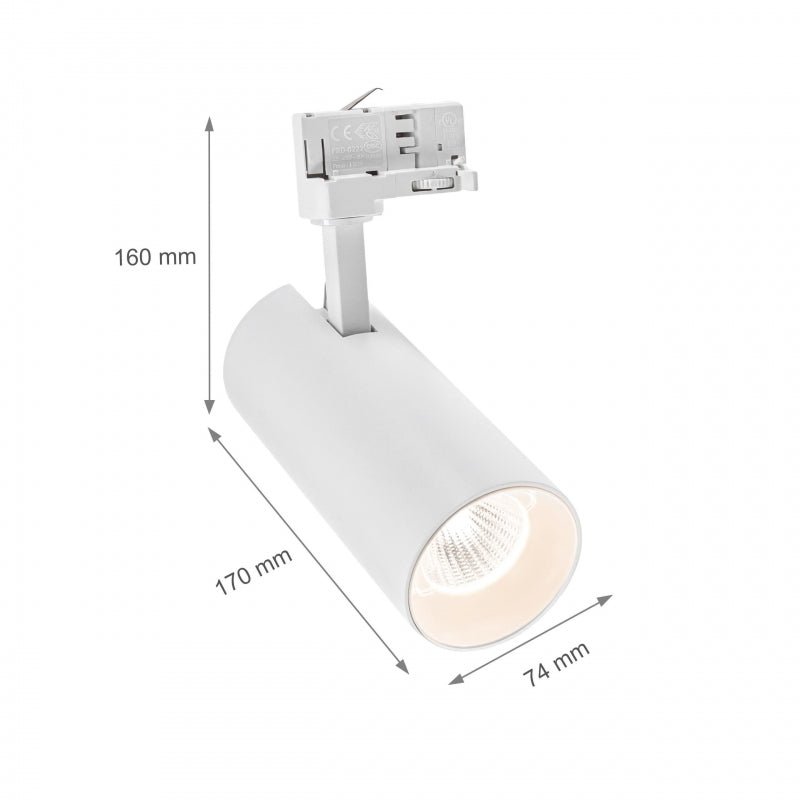 Spectrum Andromeda COB LED 25W varm hvid 3000K, 3-faset skinnespot, 36-60° justerbar, 320 lumen, IP20 indendørs