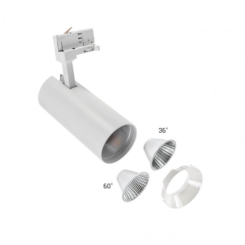 Spectrum Andromeda COB LED 25W varm hvid 3000K, 3-faset skinnespot, 36-60° justerbar, 320 lumen, IP20 indendørs