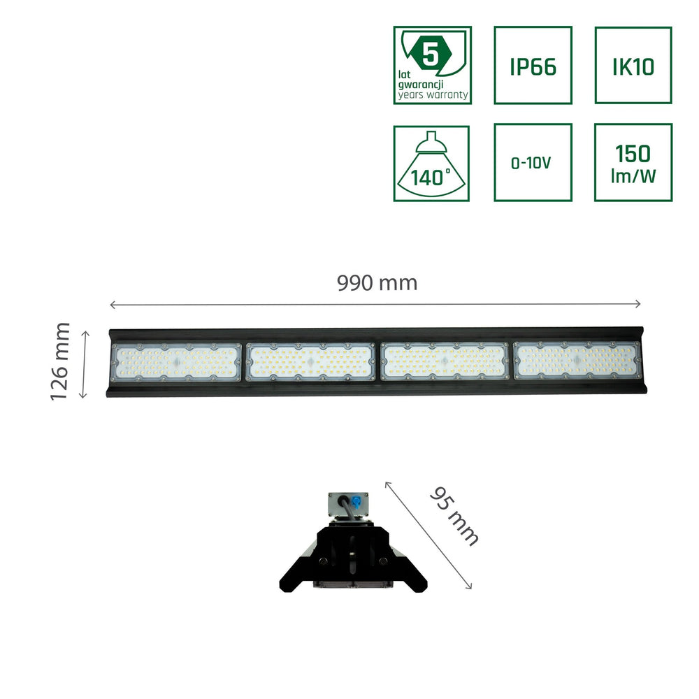 Spectrum Halls Line LED hængelampe 200W sort, 4000K, 30000 lumen, dæmpbar, IP66, 90° vinkel, industriel belysning