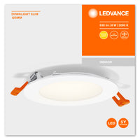 Slim LED Downlight 8W 550 lumen 3000K Varm Hvid 110° Indbygget Rund Udskæring 105mm Hvid Finish