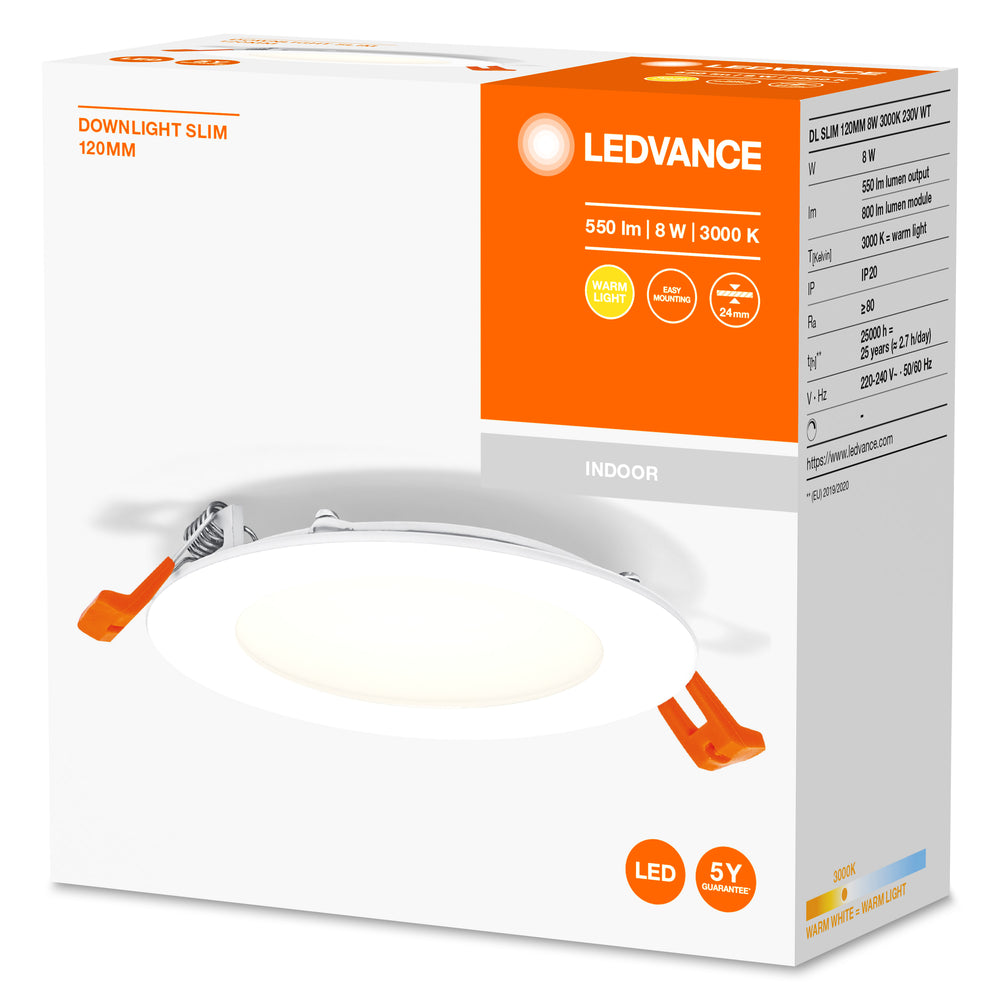 Slim LED Downlight 8W 550 lumen 3000K Varm Hvid 110° Indbygget Rund Udskæring 105mm Hvid Finish