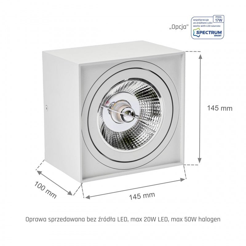 Spectrum CHLOE AR111 GU10 firkantet LED-spot, IP20, hvid, aluminiums hus, 250V, indendørs brug, lang levetid