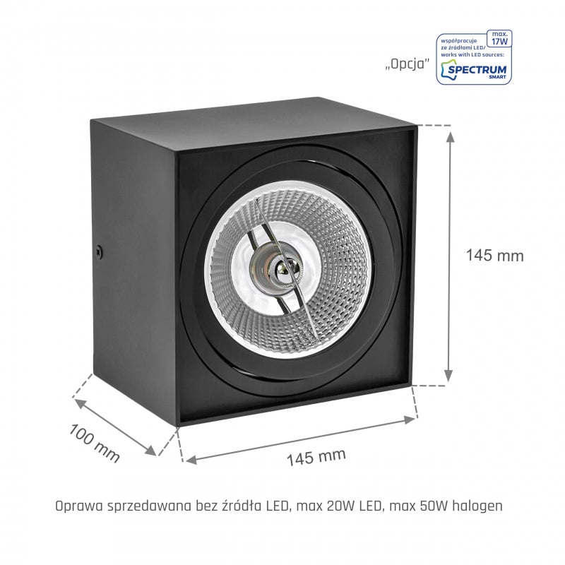 Spectrum chloe AR111 GU10 LED spot black 4000K square IP20 - aluminum ceiling mount