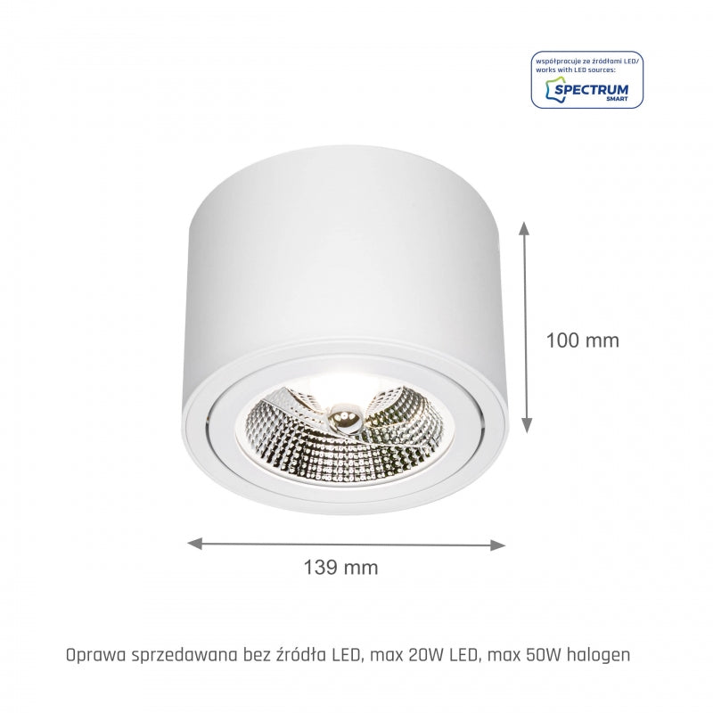 Spectrum CHLOE AR111 GU10 LED Loftlampe, Justerbar Rund Hvid, Overflademonteret, IP20 Maks 20W