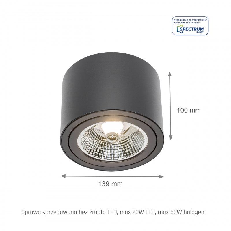 Spectrum CHLOE AR111 GU10 LED loftlampe, IP20, rund justerbar Sort aluminiumsarmatur, 20W maks 250V