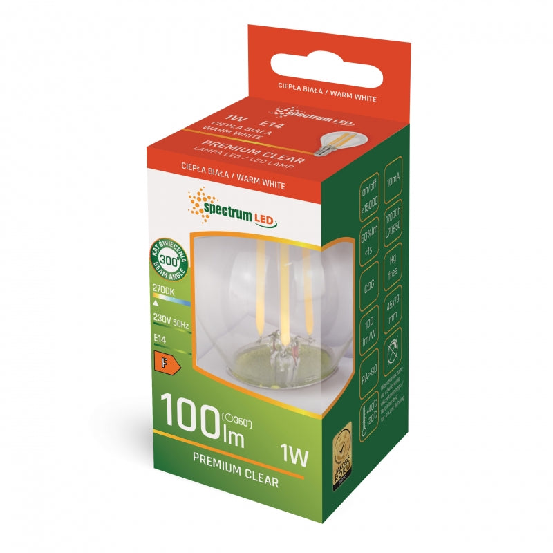 Spectrum LED Kugle G45 E14 1W 230V 2700K Varm Hvid Klar Glas Ikke-Dæmpbar Indendørs Pære