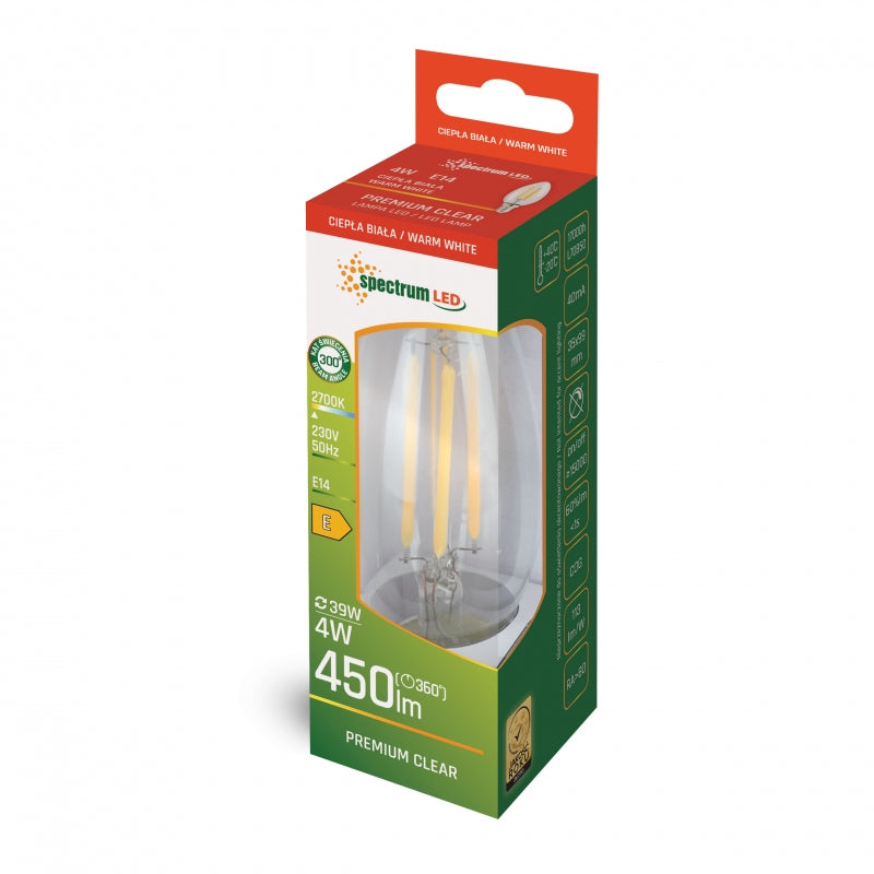 Spectrum LED stearinlys C35 E14 230V 4W 2700K Varm Hvid Klart Glas 450 lumen COG filament ikke-dæmpbar