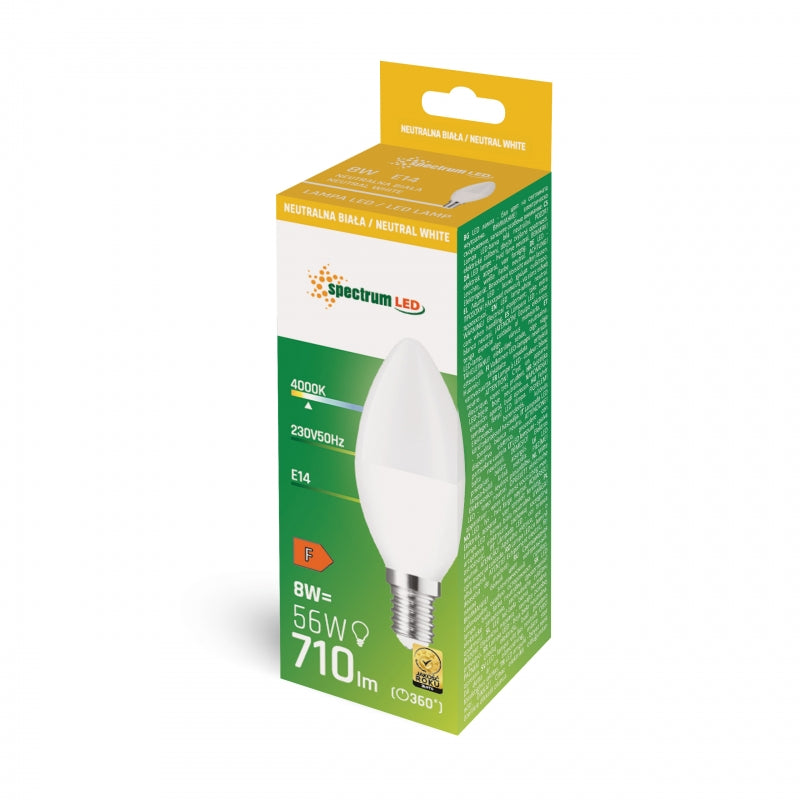 Spectrum LED Candle C37 E14 230V 8W 4000K Neutral White 710 lumens 160° Beam Non-Dimmable Indoor Bulb