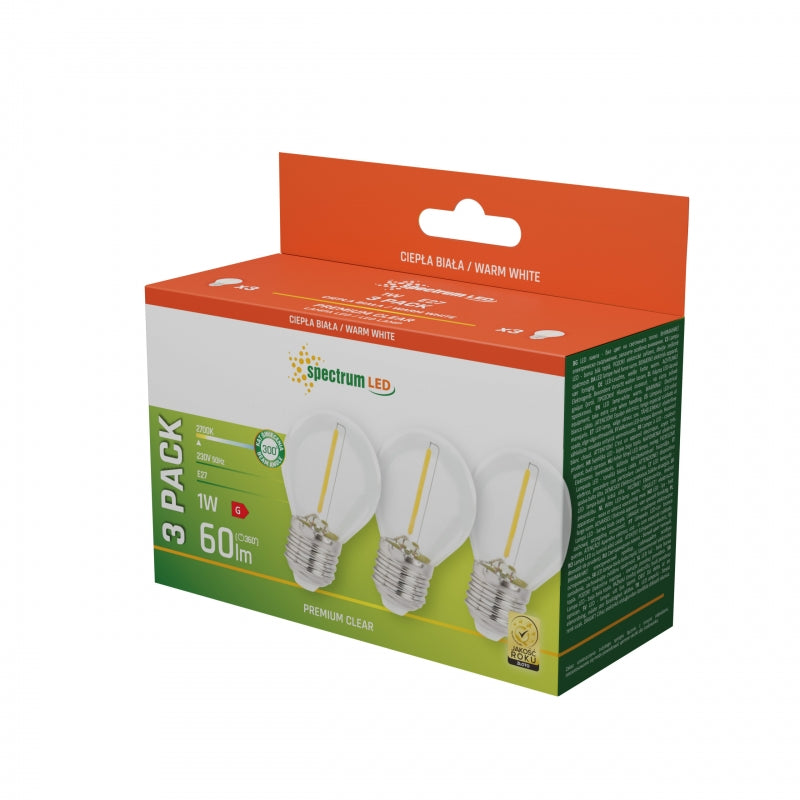 Spectrum LED E27 Bulb 1W 230V 2700K Warm White Clear Glass 60 lumens 300° Beam 3-Pack