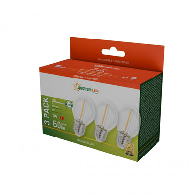 Spectrum LED E27 Pære 1W 230V 2700K Varm Hvid Klart Glas 60 lumen 300° Lysvinkel 3-Pak