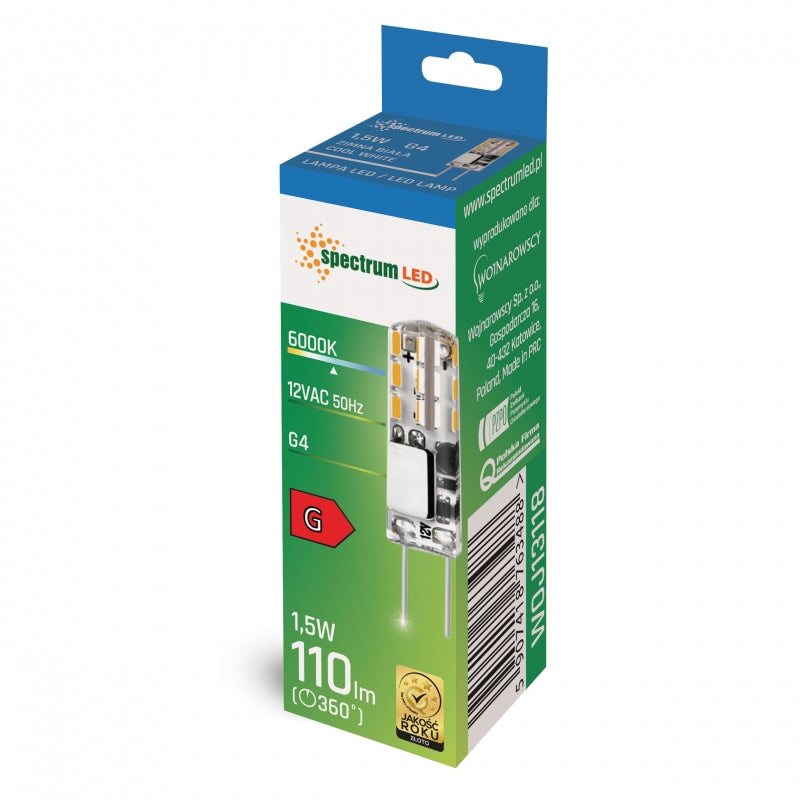 Spectrum LED G4 pære 12V 1.5W 6000K kold hvid 110 lumen silikoneovertræk 270° lysvinkel ikke-dæmpbar