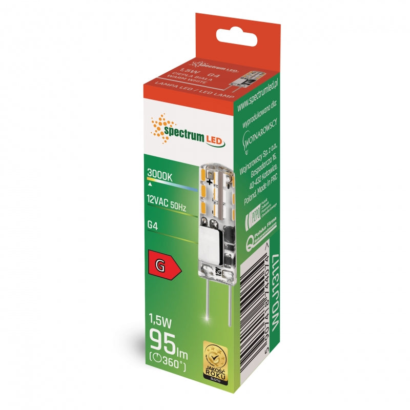 Spectrum LED G4 pære 12V 1.5W Varm Hvid 3000K 95 lumen silikone cover 270° lysvinkel ikke dæmpbar