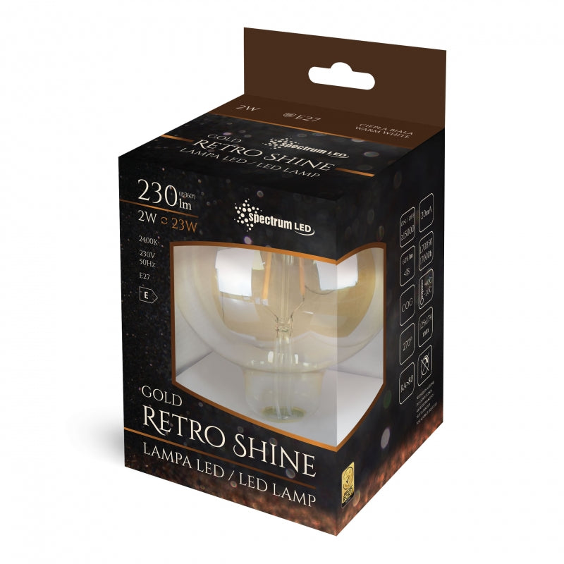 Spectrum LED Globepære G125 E27 2W 230V 2400K Varm Hvid Retroshine COG filament 230 lumen ikke dæmpbar
