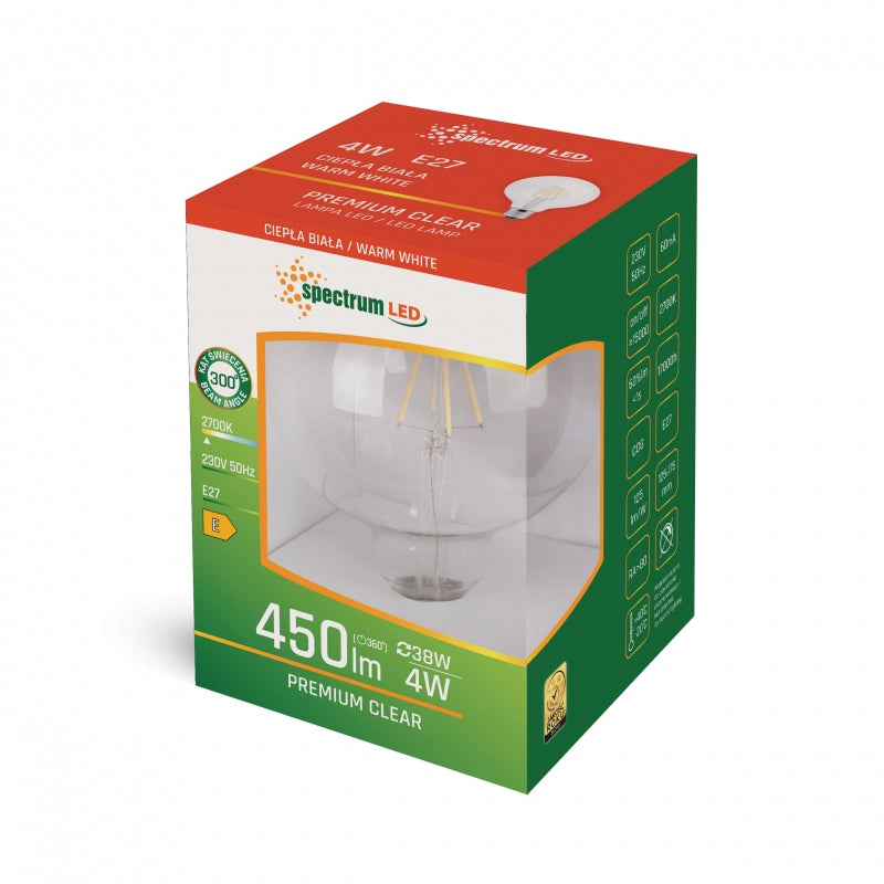 Spectrum LED Globus G95 COG Filamentpære E27 230V 4W 2700K Varm hvid 450 lumen Klart glas
