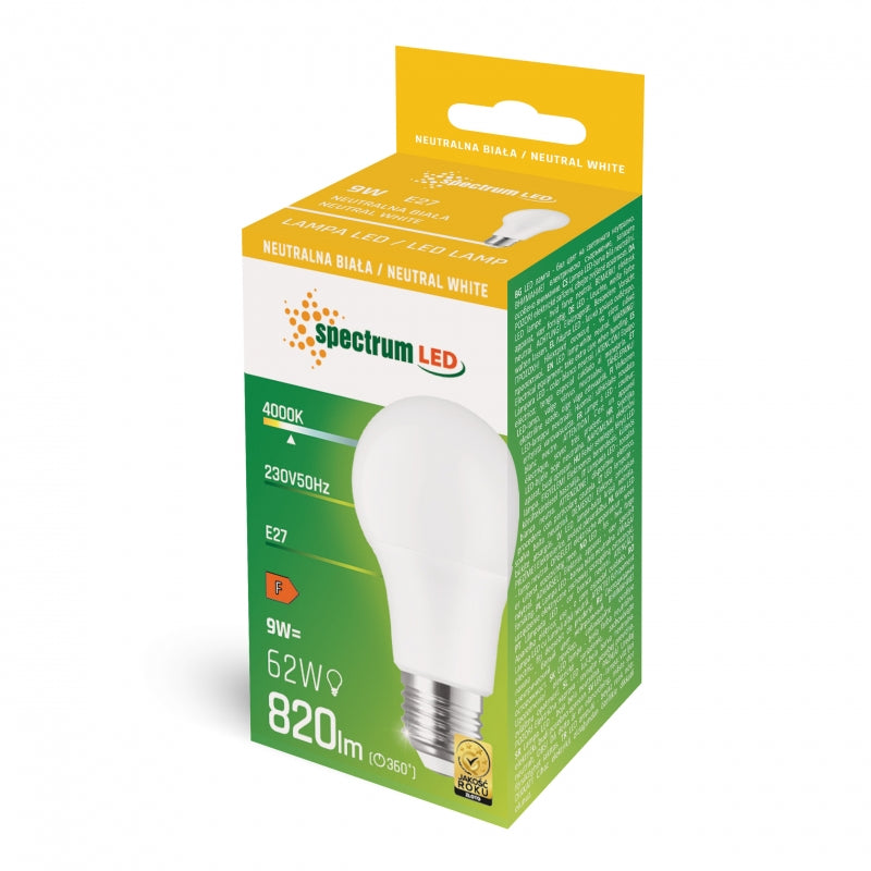 Spectrum LED GLS Pære E27 230V 9W 4000K Neutral Hvid 820 lumen 270° Lysvinkel Ikke Dæmpbar