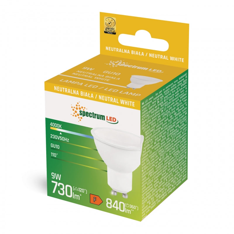 Spectrum LED GU10 230V 9W Neutral Hvid 4000K Pære med Mælkehvidt Dæksel 730 lumen Hvidt Hus