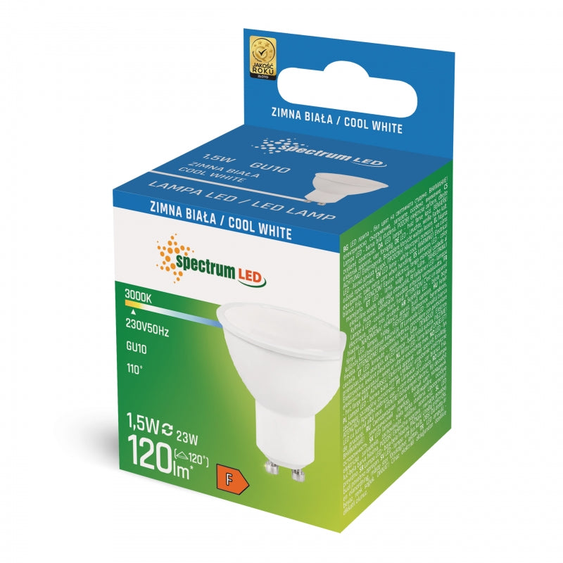 Spectrum LED GU10 pære 1.5W 230V 6000K Kold Hvid 120 lumen 120° lysvinkel ikke dæmpbar med mælkehvidt dæksel