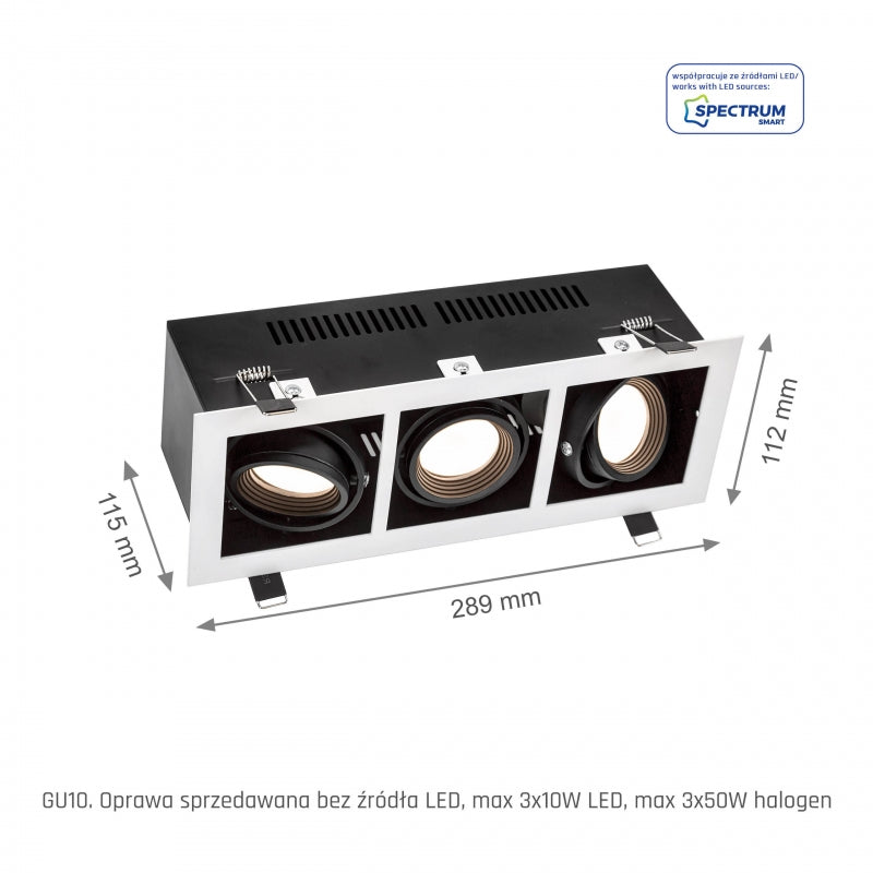 Spectrum LED indbygningsramme til 3x GU10, Hvidt aluminiumshus, maks. 3x10W, 250V, IP20 indendørs belysning