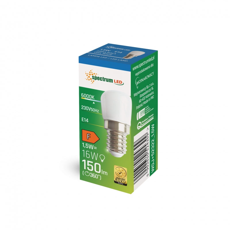 Spectrum LED T26 1.5W E14 230V 6000K kold hvid pære 150 lumen, 120° lysvinkel, CRI 80 til indendørs belysning