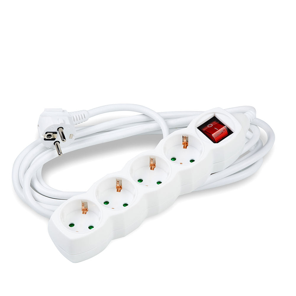 Technik 4-vejs stikdåse med 5m 1.5mm2 kobberkabel, kontakt og børnesikring, Hvid 16A
