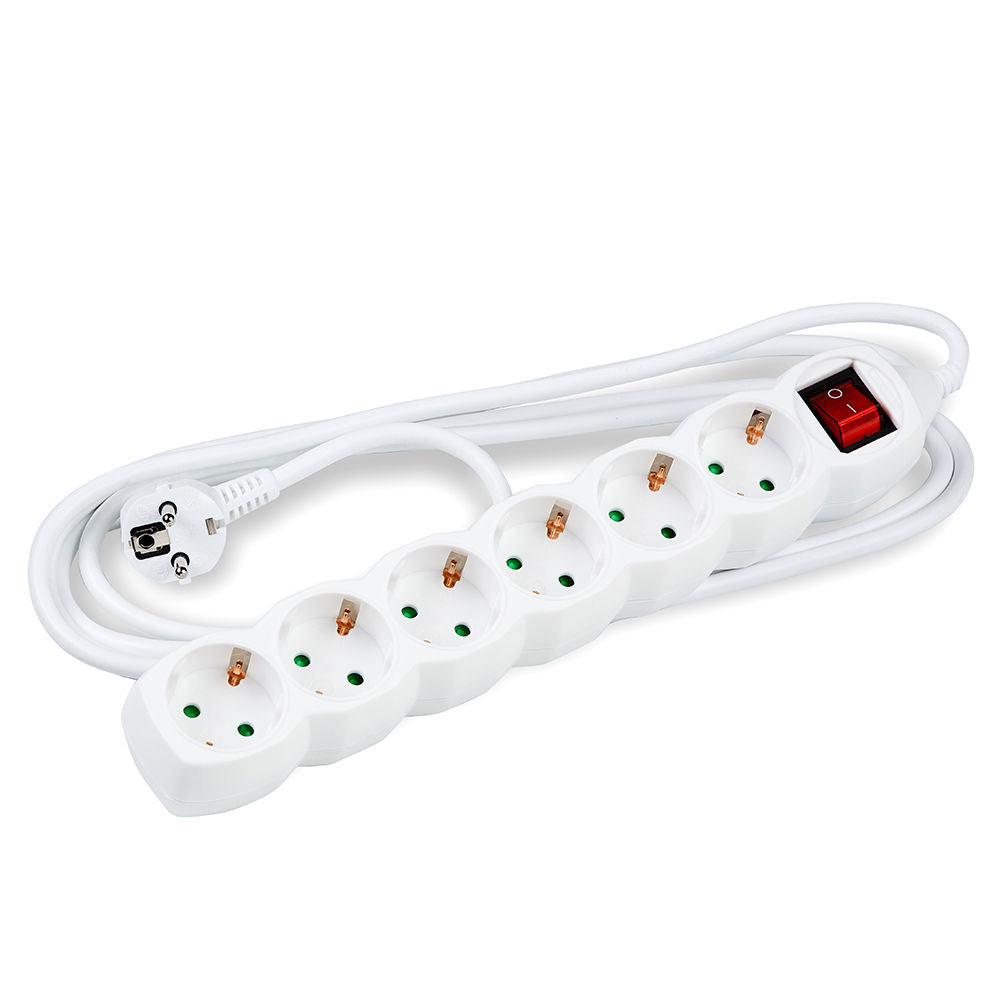 Technik 6-vejs forlængerledning med 5m 1.5mm² kobberkabel, afbryder, børnesikring, Hvid 16A