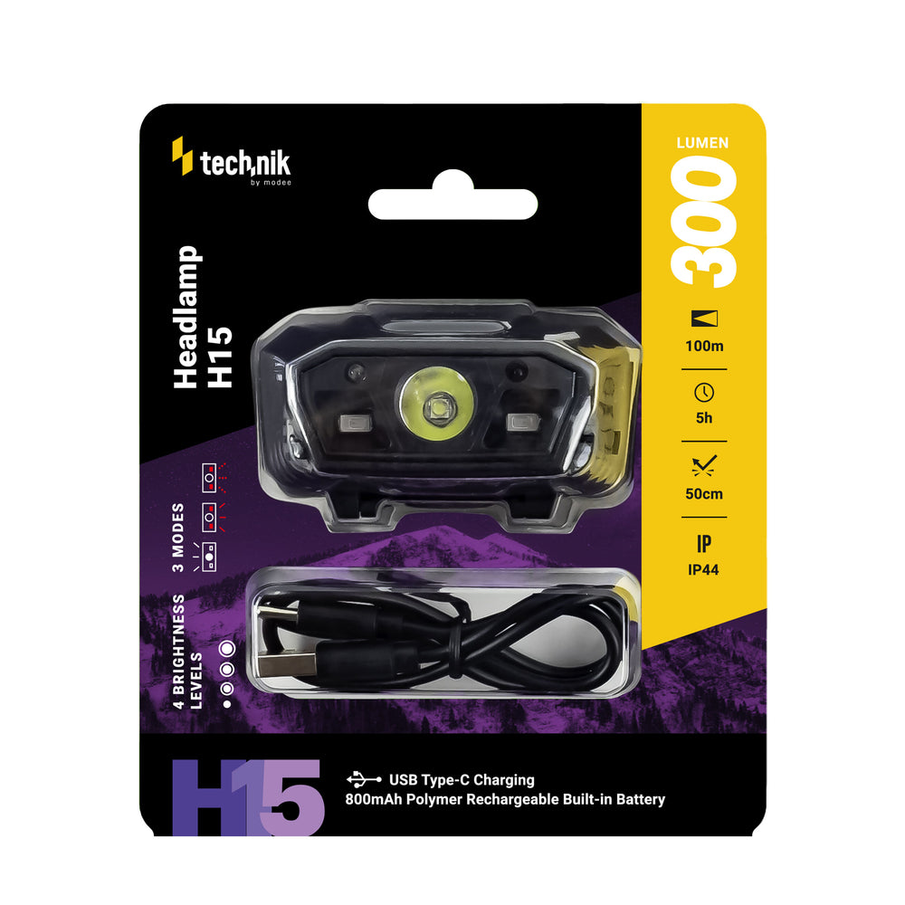 Technik Pandelygte H15 genopladelig LED 300 lumen IP44 med USB Type-C og bevægelsessensor