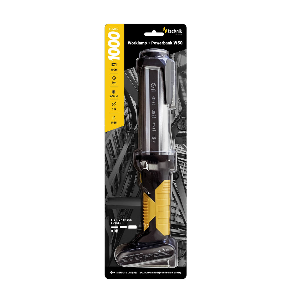 Technik LED Lommelygte W50 COB+XPG 1000 lumen Hvid IP55 med USB Type-C Genopladeligt Batteri og Powerbank