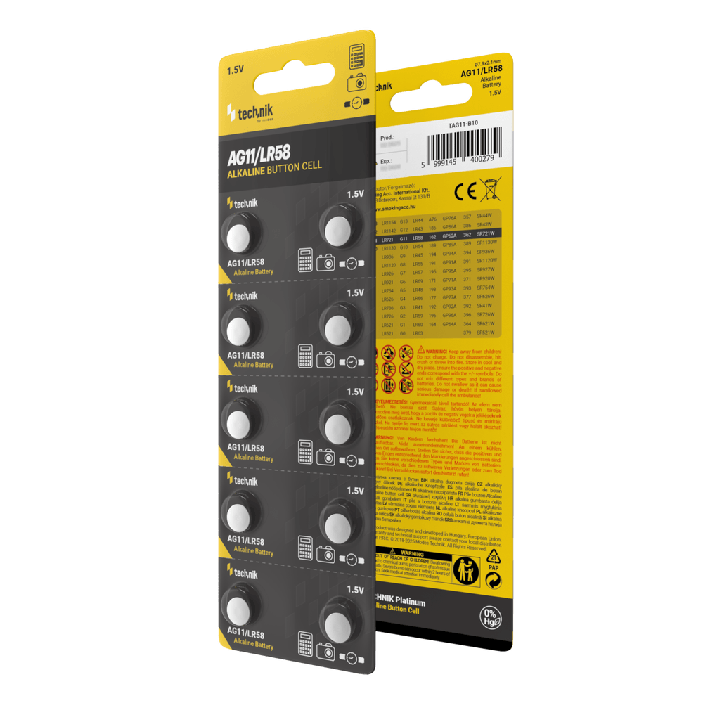Technik Platinum AG11 LR58 362 1.5V alkalisk knapcelle batteripakke med 10 stk til ure og små elektroniske enheder