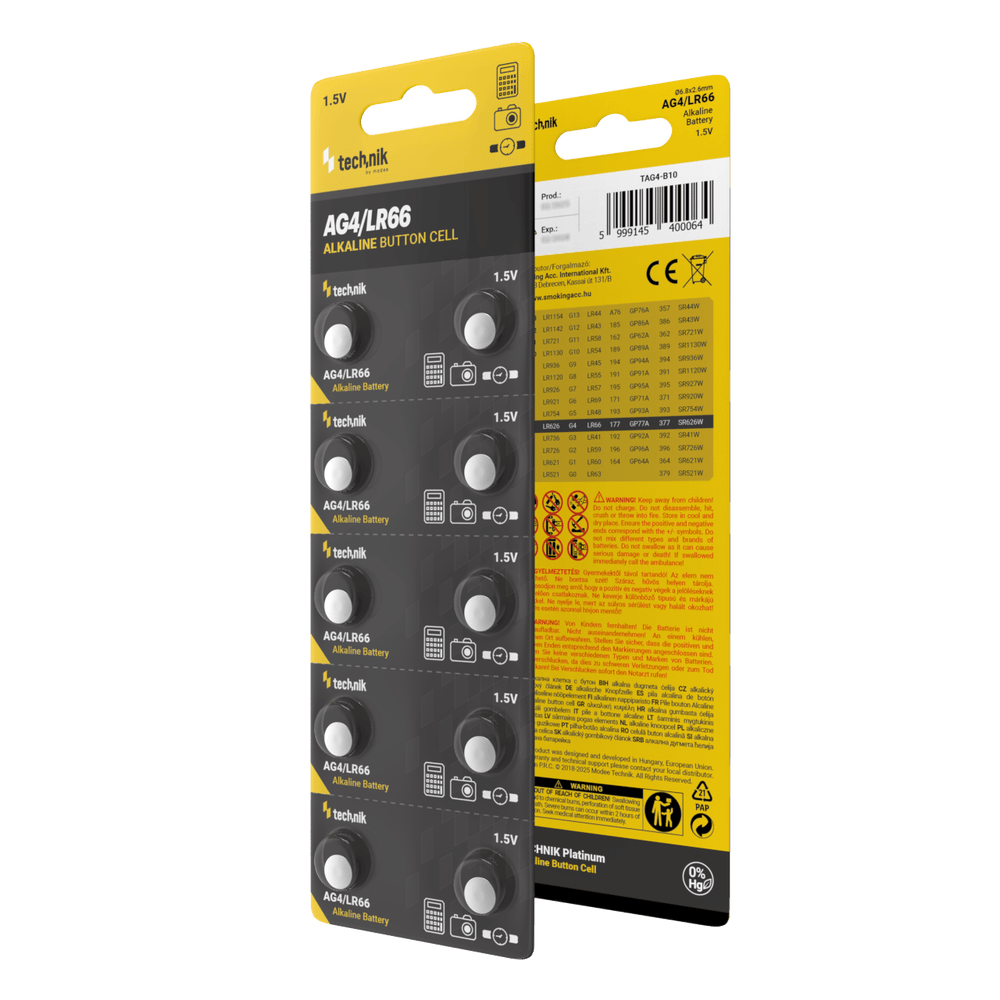Technik Platinum Alkaline Button Cell AG4 LR66 377 1.5V Knoopcelbatterij 10 Pack