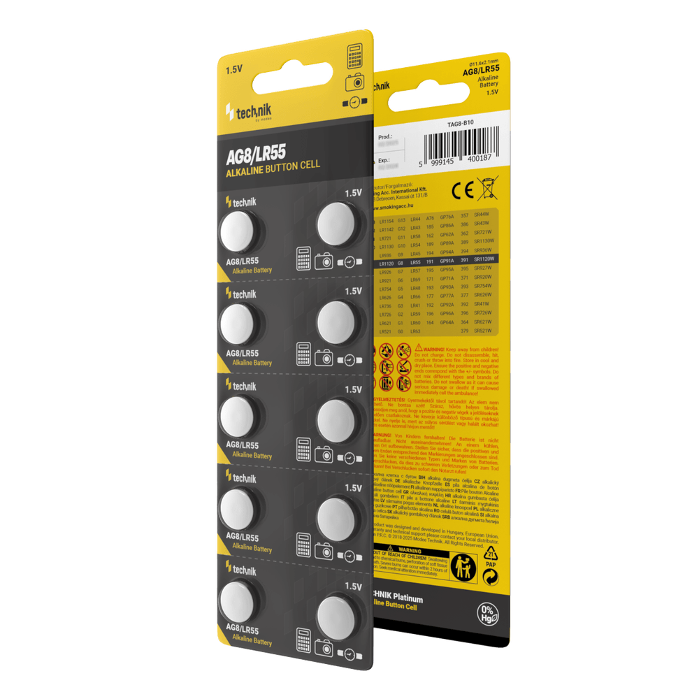 Technik Platinum Alkaline Knappcelle AG8 LR55 191 391 1.5V B10 pakke med 10 til ure og elektronik
