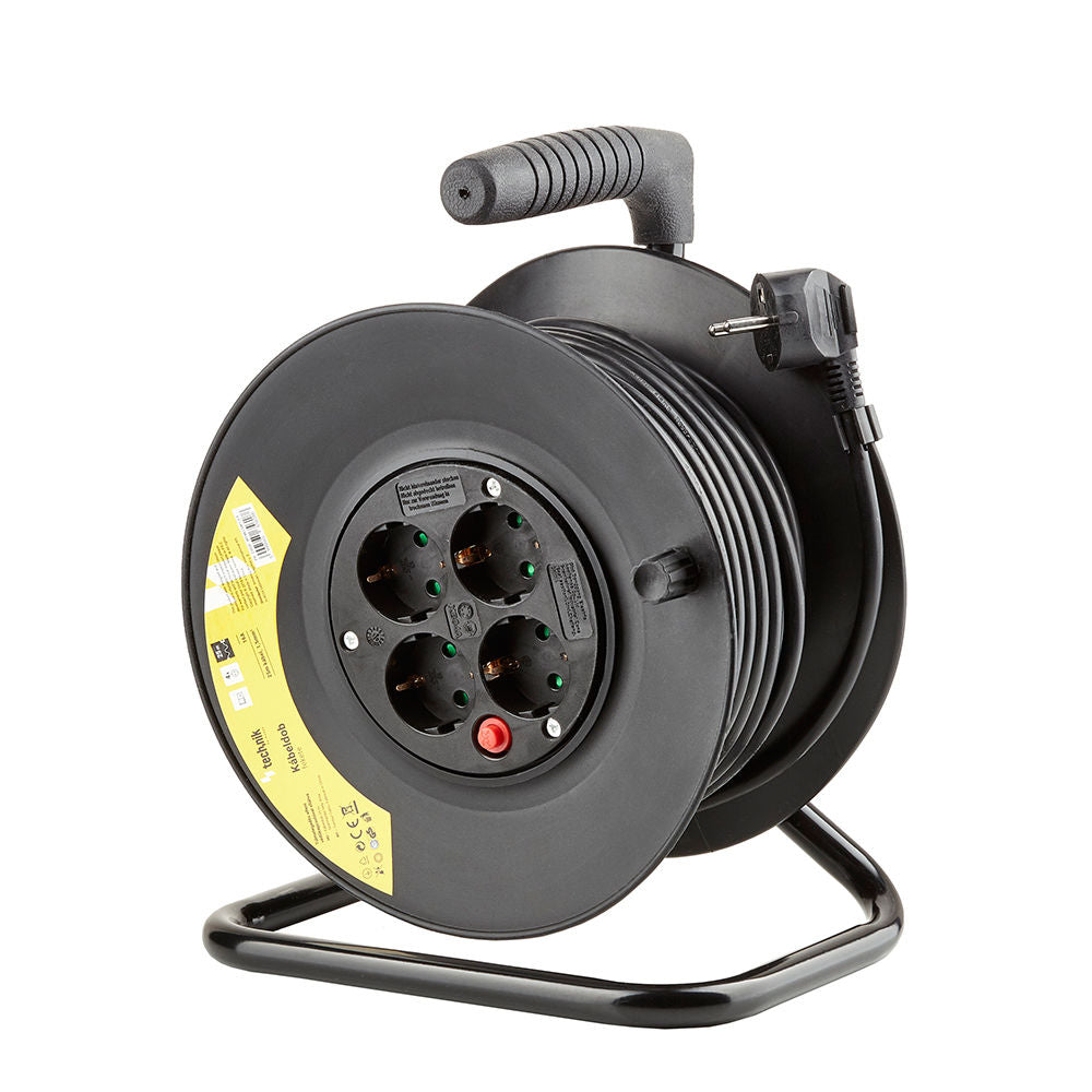 Technik Professional Cable Reel 25m 1.5mm² 16A with 4 EU Sockets and Switch Black