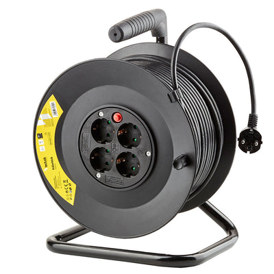 Technik Professionel Kabeltromle 50m 1.5mm² Sort 16A 4 Stik med Afbryder Indendørs Udendørs