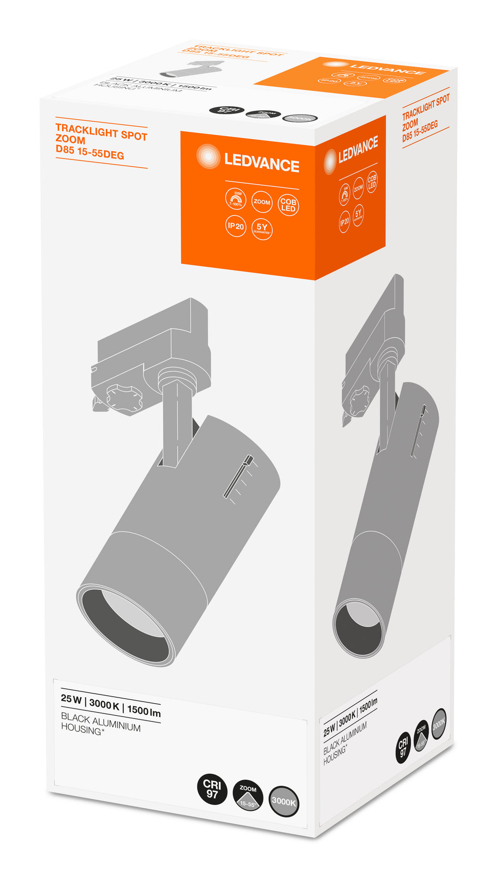 Ledvance LED Railspot D85 Black 25W 1500 lumens 15-55° 3000K IP20 Mechanical Zoom Dimmable Track Light CE RoHS