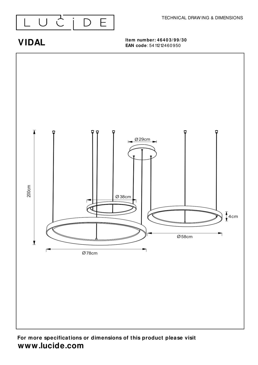 Lucide VIDAL LED pendellampe 78 cm sort 120W 2700K dæmpbar