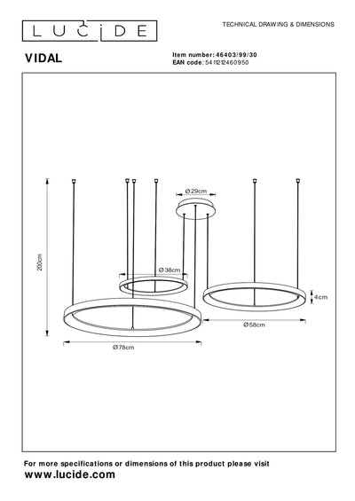 Lucide VIDAL LED pendellampe 78 cm sort 120W 2700K dæmpbar