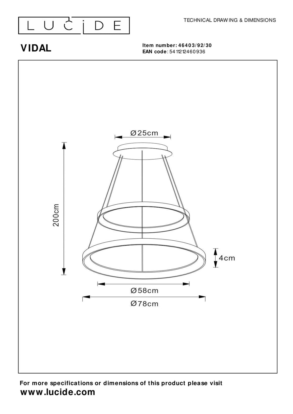 Lucide VIDAL LED pendellampe Ø78cm dæmpbar 92W 2700K Sort moderne hængelampe