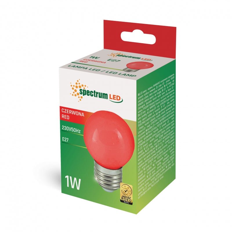 Spectrum LED G45 lampe rød E27 230V 1W - energibesparende stemningsbelysning, 17000t levetid, 270° strålingsvinkel