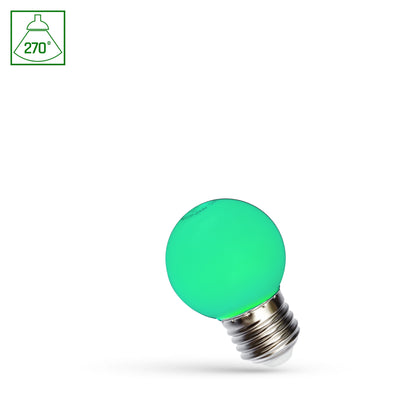 Spectrum LED lamp G45 green 1W with E27 fitting, 230V, 270° beam angle, 17000 hours, CRI 80, IP20, indoor use