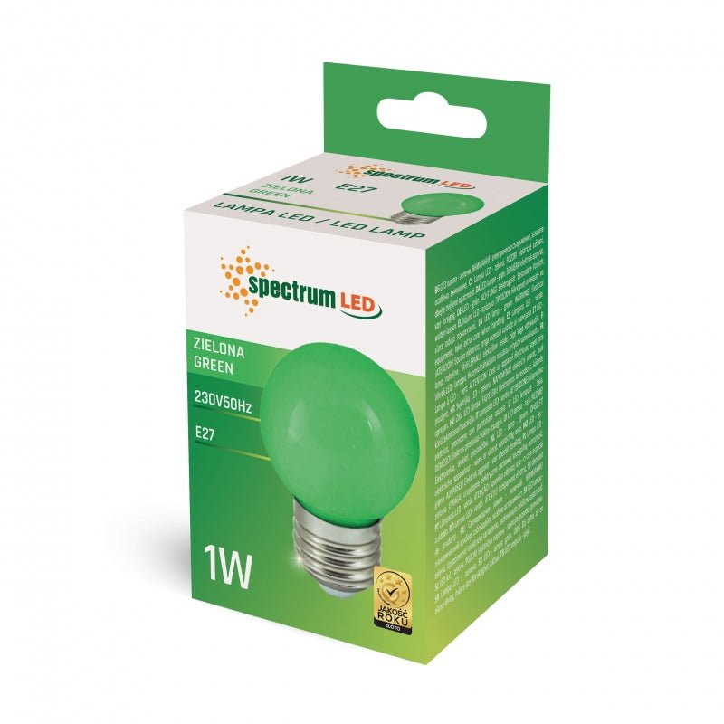 Spectrum LED-lampe G45 grøn 1W med E27 fatning, 230V, 270° strålingsvinkel, 17000 timer, CRI 80, IP20, indendørs brug