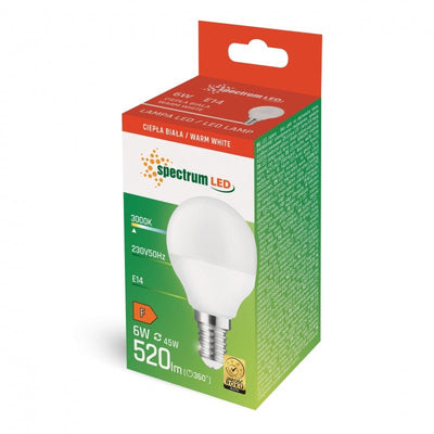 Spectrum LED G45 E14 230V 6W warm white, 520 useful lumens, 3000K, 160° light beam, IP20, durable lighting